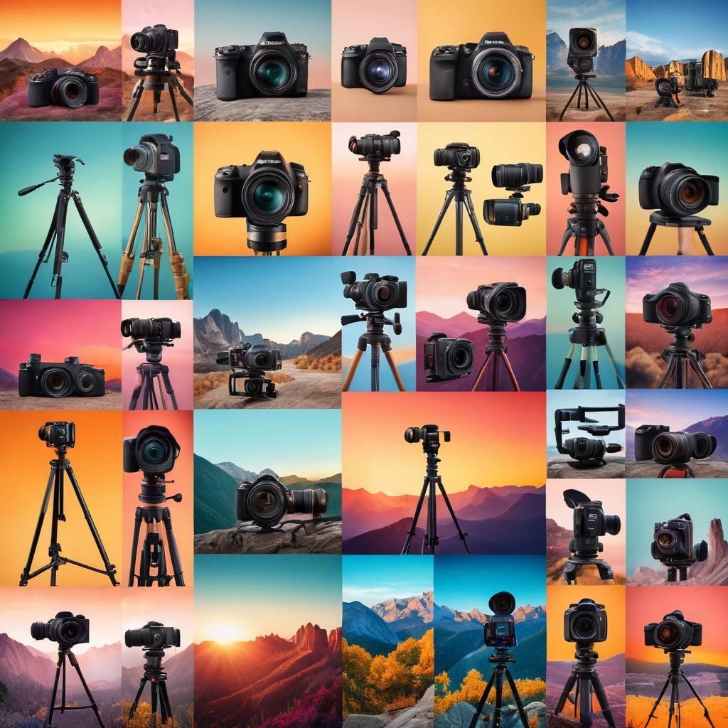 A visually appealing collage featuring a variety of photography gear, including cameras, lenses, tripods, and accessories. Display an ascending progression from beginner-friendly equipment on one side to professional gear on the other, with a vibrant backdrop of scenic photography examples. Incorporate a color gradient that transitions from soft pastels to bold hues, symbolizing growth and expertise. 3D effects for depth and realism. vibrant colors.