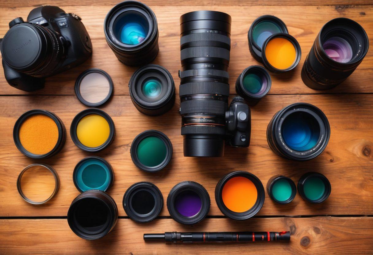 A dynamic flat lay featuring essential photography tools: a DSLR camera, an array of lenses, a sturdy tripod, lens cleaning kit, and colorful filters on a textured wooden surface. To enhance the visual appeal, include a soft-focus background of a beautiful landscape being captured, showcasing vibrant colors and natural light. super-realistic. vibrant colors. textured background.